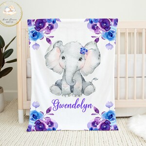 Elephant Baby Blanket Girl, Personalized Floral Baby Blanket, Elephant Baby Gift, Purple Crib Bedding, Custom Baby Bedding, Elephant Nursery