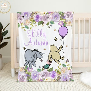 Personalized Baby Blanket Girl, Bear Baby Blanket Girl, Purple Floral Baby Bedding, Purple Baby Blanket, Bear Nursery Girl, Purple Swaddle