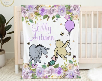 Personalized Baby Blanket Girl, Bear Baby Blanket Girl, Purple Floral Baby Bedding, Purple Baby Blanket, Bear Nursery Girl, Purple Swaddle