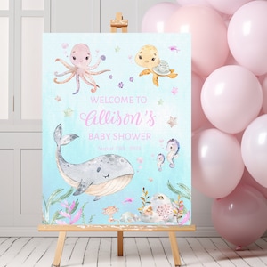 Tabliczka powitalna na baby shower Under The Sea, Tabliczka powitalna na baby shower dla dziewczynki, Dekoracje na baby shower, Plakat powitalny na baby shower, Tabliczka powitalna na baby on board