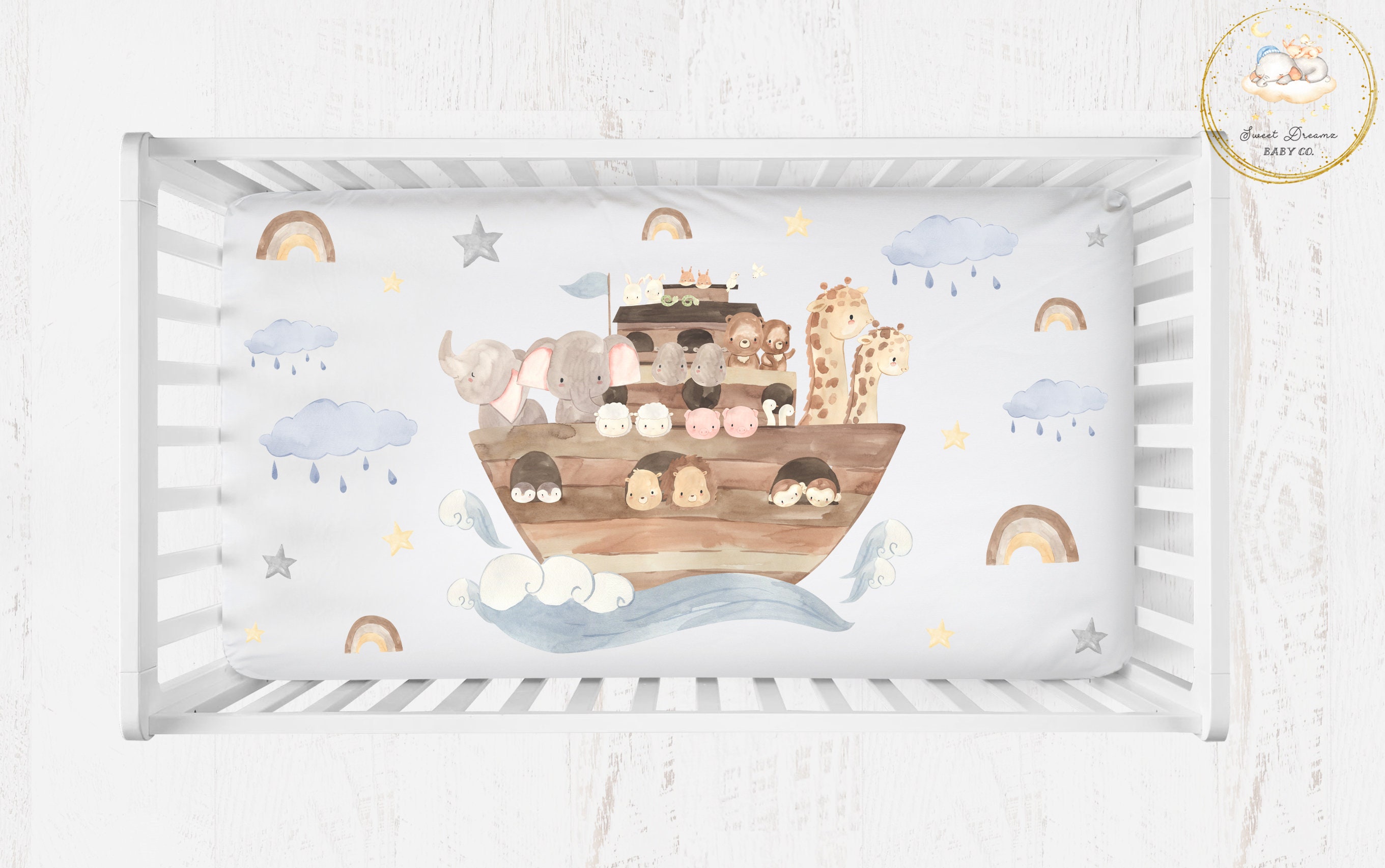 Noah's Ark Crib Bedding Set Blue Boho Crib Bedding Baby Etsy