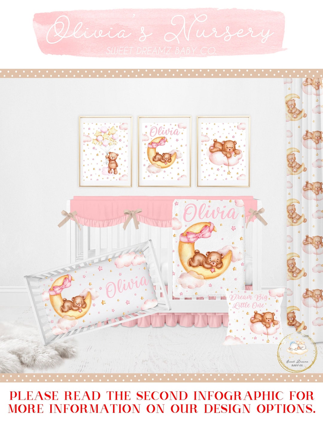Teddy Bear Crib Bedding Set, Moon and Stars Baby Shower Gift, Pink and