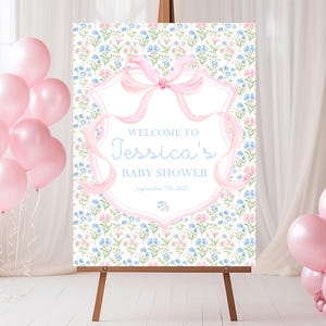Pink Bow Baby Shower Welcome Sign, Floral Baby Shower Sign, Pink Bow Party Sign, Grandmillennial Baby Shower Decorations, Baby Shower Poster