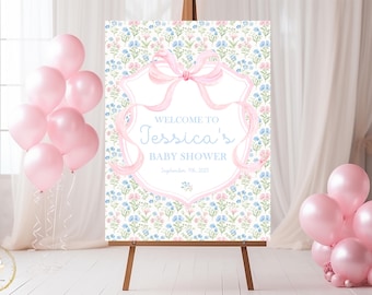Pink Bow Baby Shower Welcome Sign, Floral Baby Shower Sign, Pink Bow Party Sign, Grandmillennial Baby Shower Decorations, Baby Shower Poster