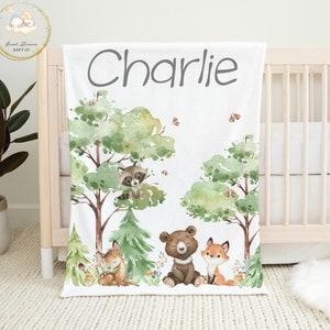 Personalized Woodland Baby Blanket, Woodland Animals Blanket, Forest Baby Blanket, Woodland Baby Shower Gift, Woodland Crib Bedding, Neutral