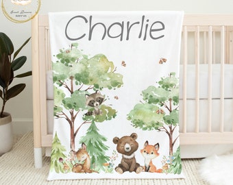 Personalized Woodland Baby Blanket, Woodland Animals Blanket, Forest Baby Blanket, Woodland Baby Shower Gift, Woodland Crib Bedding, Neutral