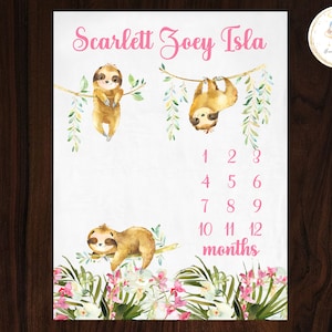 Sloth Baby Shower Gift Girl, Sloth Milestone Blanket, Baby Girl Milestone Blanket, Baby Monthly Milestone Blanket, Custom Sloth Baby Blanket