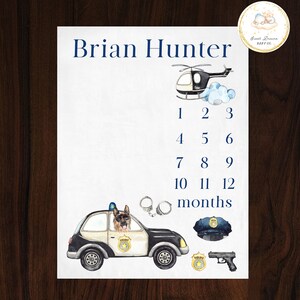 Couverture jalon policier, couverture jalon bébé flic garçon, cadeau baby shower police, couverture mensuelle bébé, couverture police bébé personnalisée