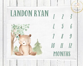 Woodland babymijlpaal, maandelijkse mijlpaal beer, bosrijke babydeken, gepersonaliseerde deken, babydeken beer, bosrijke babyshowercadeaus