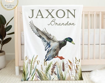 Aangepaste babydeken wilde eend, jachtbabydeken, gepersonaliseerde babydeken, eend kraamcadeau, beddengoed eend wieg, jachtkwekerij