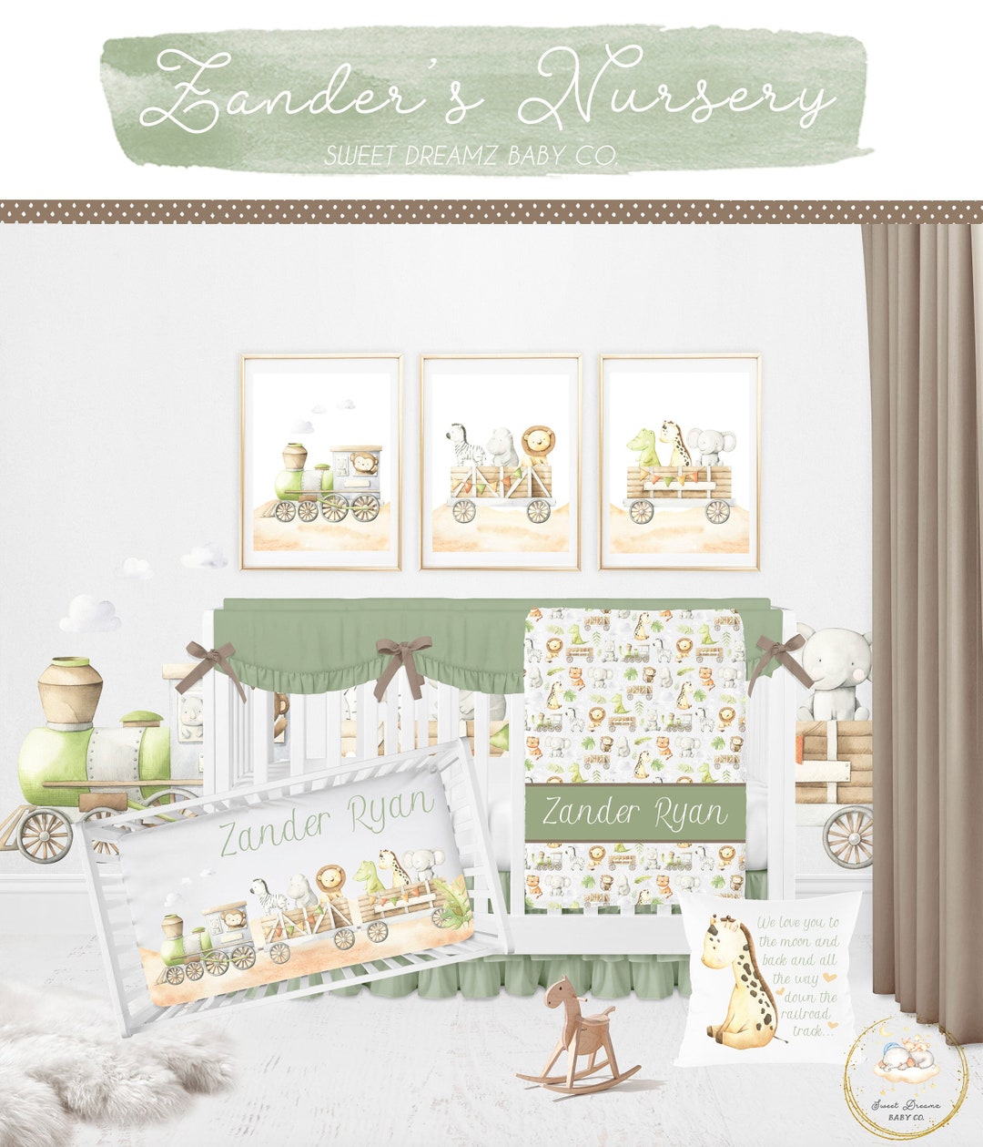 Train Crib Bedding Set, Safari Animals Crib Bedding Set, Baby Boy Crib