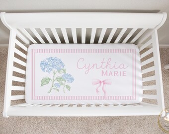 Pink Bow Crib Sheet Girl, Hydrangea Crib Sheet, Floral Baby Bedding, Floral Nursery Bedding, Custom Crib Sheet Girl, Personalized Crib Sheet