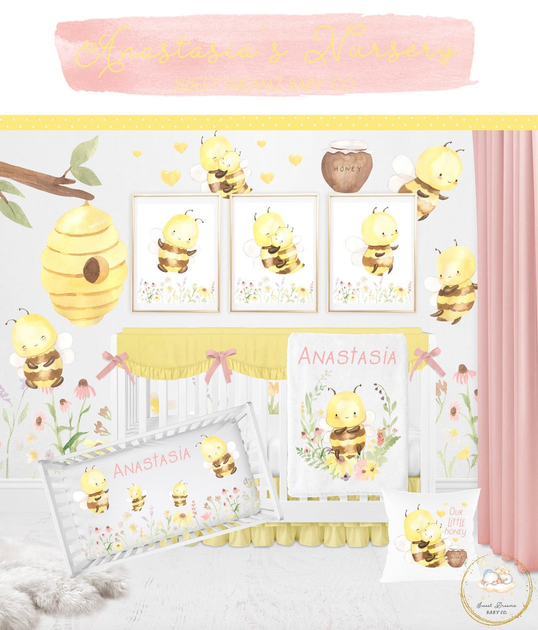 Honey Bee Crib Bedding Set, Floral Crib Bedding Set, Girl Crib Bedding