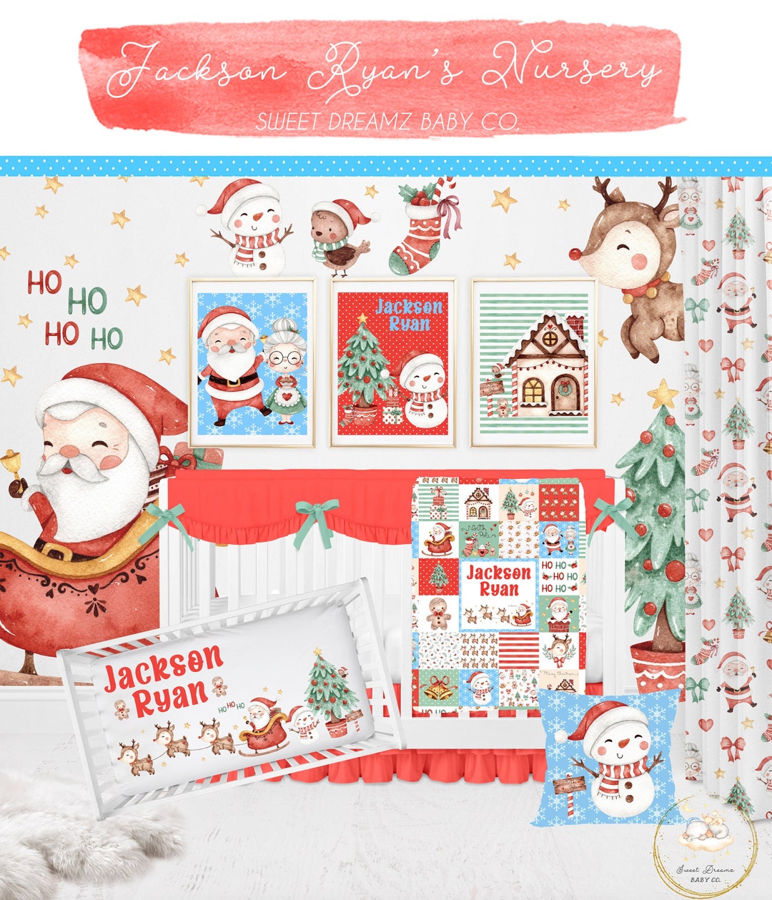 Christmas Crib Bedding Set, Santa Crib Bedding Set, Christmas Nursery
