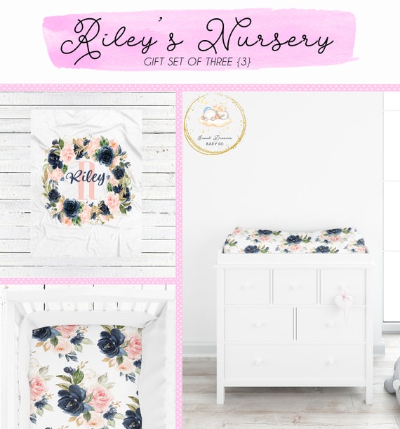 Navy and Blush Crib Bedding Set Monogram Baby Blanket Girl Etsy