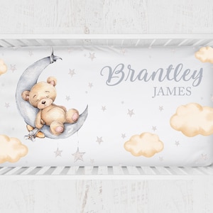 Teddy Bear Crib Sheet, Moon And Stars Crib Sheet Boy, Teddy Bear Nursery, Custom Crib Sheet, Moon Crib Bedding, Gender Neutral Baby Bedding