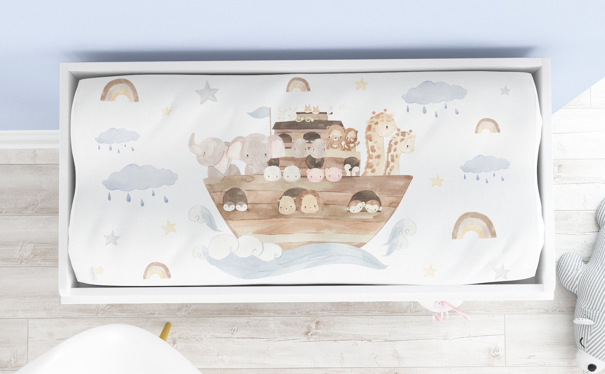Noah's Ark Crib Bedding Set, Blue Boho Rainbow Crib Bedding Set, Baby ...