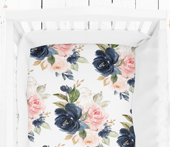 Floral Crib Sheets Girl Navy And Pink Baby Bedding Girl Etsy