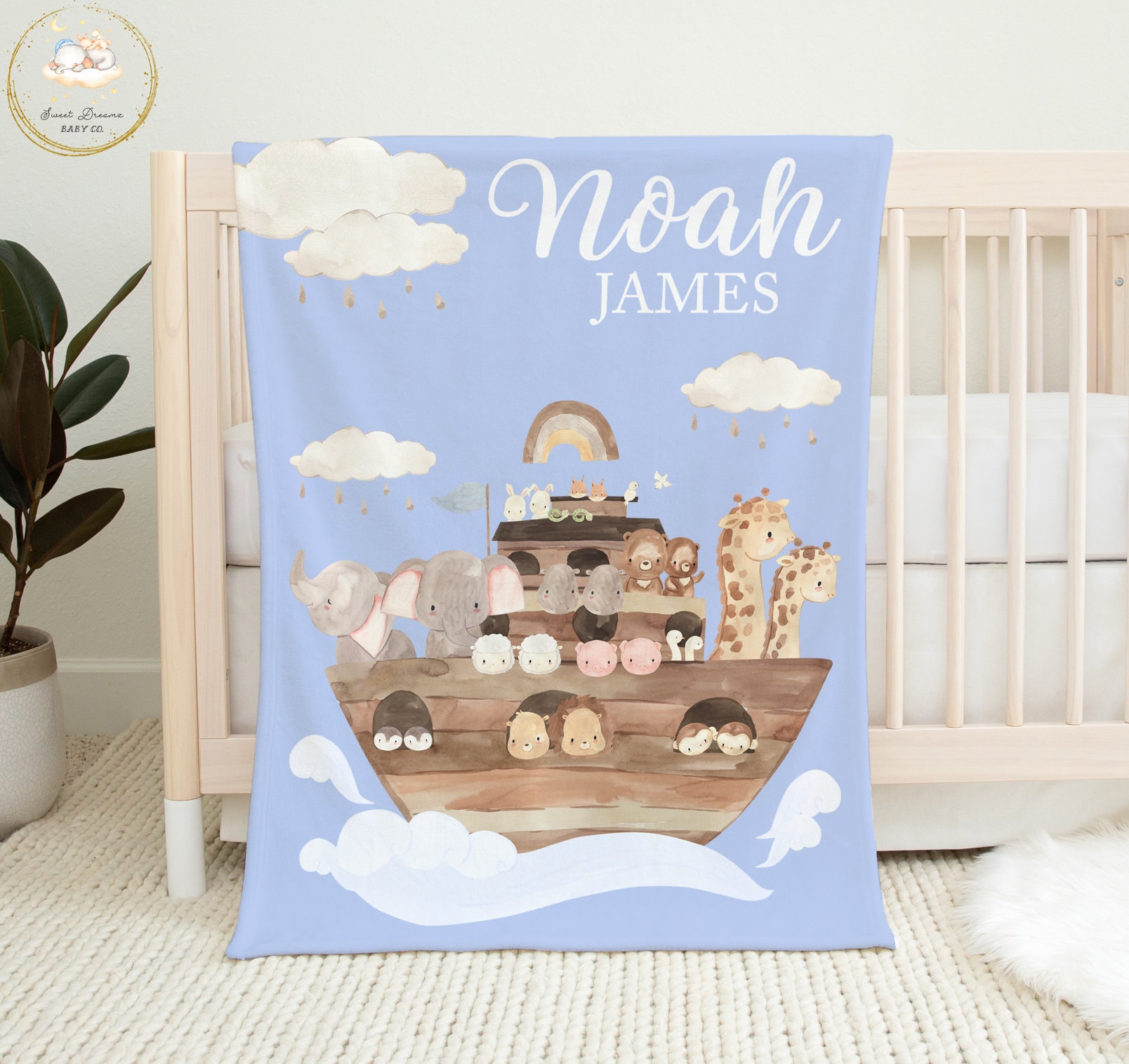 Noah's Ark Crib Bedding Set, Blue Boho Rainbow Crib Bedding Set, Baby
