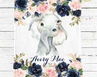 Elephant Baby Blanket, Custom Baby Blanket Girl, Floral Baby Bedding Girl, Elephant Crib Bedding, Elephant Nursery, Navy And Blush Blanket