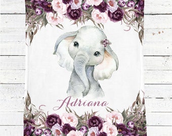 Personalized Baby Blanket Girl, Elephant Baby Blanket, Floral Baby Bedding, Elephant Bedding, Purple Nursery Girl, Elephant Baby Shower Gift