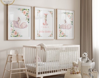 Swan Nursery Prints, Set of 3 Prints, Swan Nursery Decor, Pink Floral Nursery Decor, Swan Baby Shower Gift, Floral Wall Art, Foil Wall Art