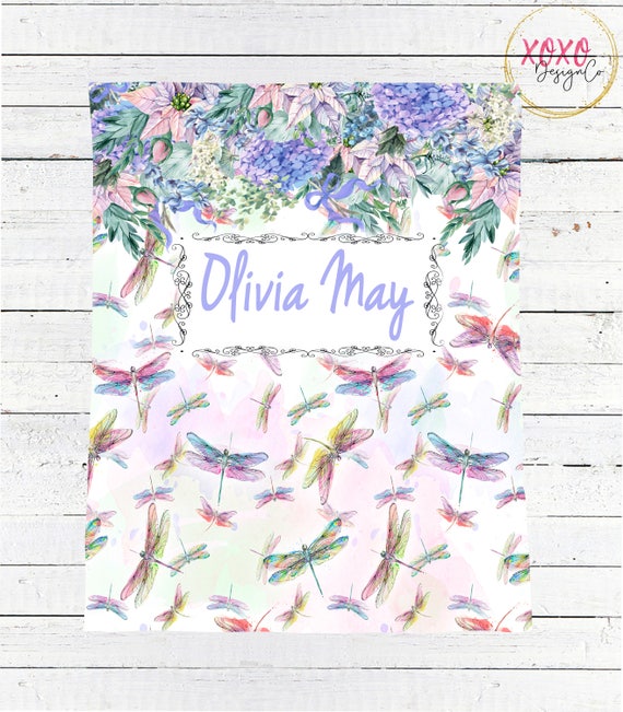 Girl dragonfly baby blanket custom baby name blanket dragonflies baby blanket boy or girl dragonfly baby gift personalized baby gift