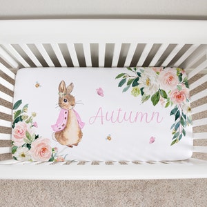Peter Rabbit Crib Sheet Girl, Pink Floral Baby Bedding, Peter Rabbit Nursery Bedding, Custom Floral Crib Sheet Girl, Personalized Crib Sheet