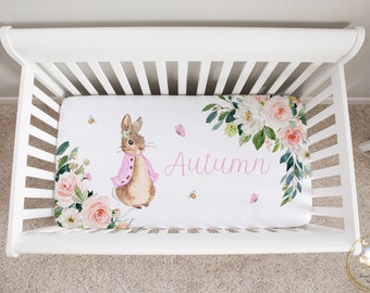 Peter Rabbit Crib Sheet Girl, Pink Floral Baby Bedding, Peter Rabbit Nursery Bedding, Custom Floral Crib Sheet Girl, Personalized Crib Sheet