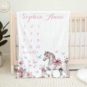 Horse Milestone Blanket, Baby Milestone Blanket Girl, Horse Baby Shower Gifts, Monthly Milestone Blanket, Personalized Floral Baby Blanket