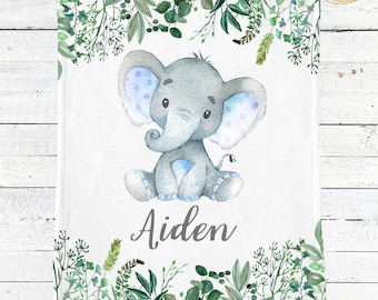 Elephant Baby Blanket Boy, Elephant Crib Bedding Boy, Personalized Baby Blanket Boy, Elephant Nursery, Custom Greenery Bedding, Newborn Boys