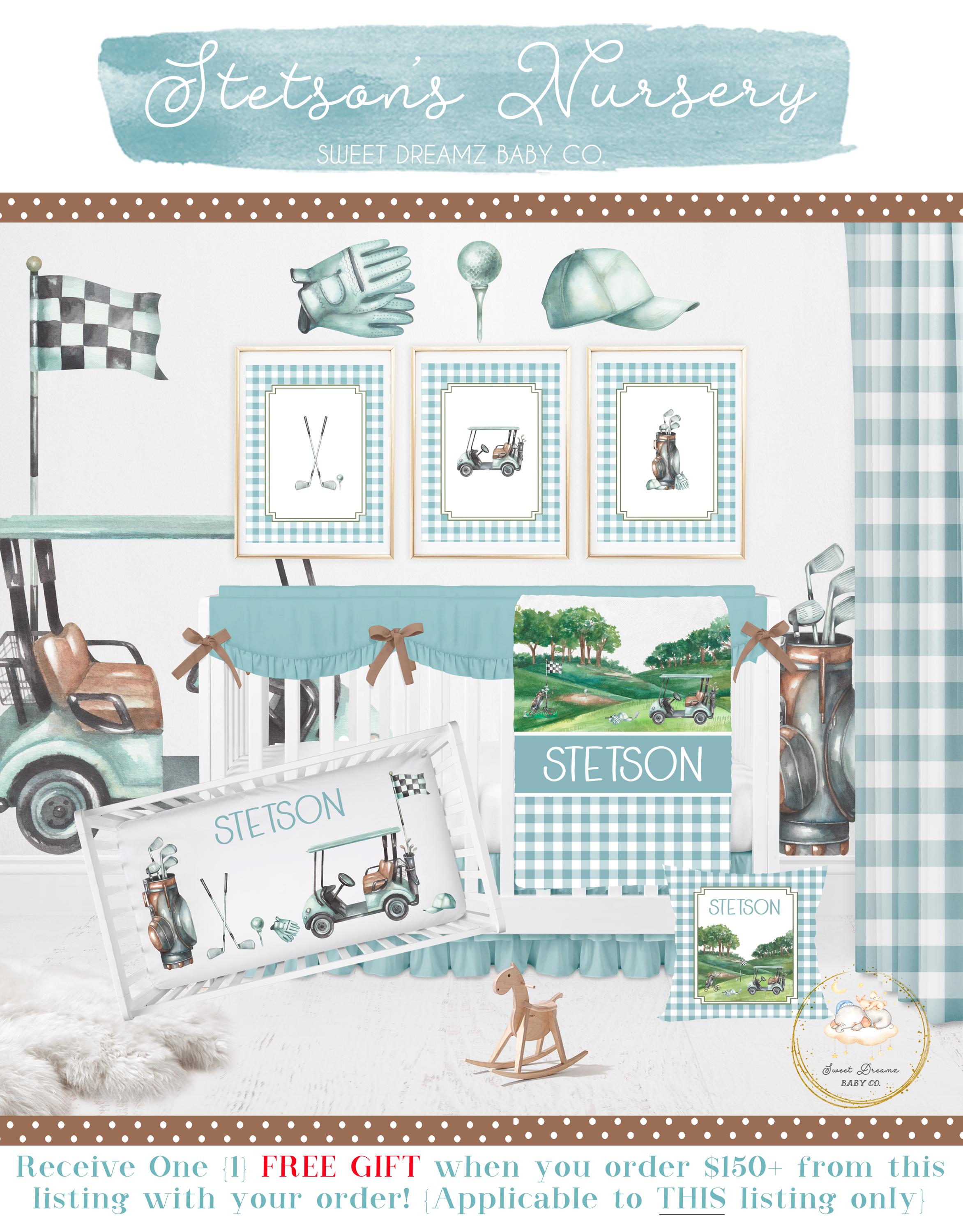 Golf Crib Bedding Set, Baby Boy Crib Bedding, Golf Crib Sheet, Golf Nursery Bedding, Plaid Gingham Nursery Decor, Golfing Baby Bedding Set