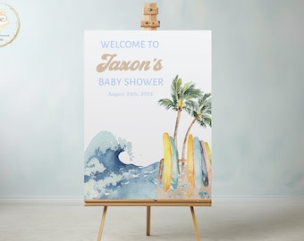 Surfing Baby Shower Welcome Sign, Beach Baby Shower Sign Boy, Baby Shower Decorations Boy, Shower Welcome Poster, Baby On Board Welcome Sign