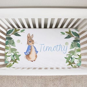 Peter Rabbit Crib Sheet Boy, Personalized Crib Sheet Boy, Greenery Baby Bedding Boy, Peter Rabbit Nursery Decor Gifts, Custom Crib Sheet Boy