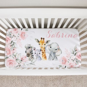 Safari Crib Sheet Girl, Pink Floral Crib Sheet, Safari Animal Nursery, Safari Baby Shower Gift, Personalized Crib Sheet, Floral Baby Bedding