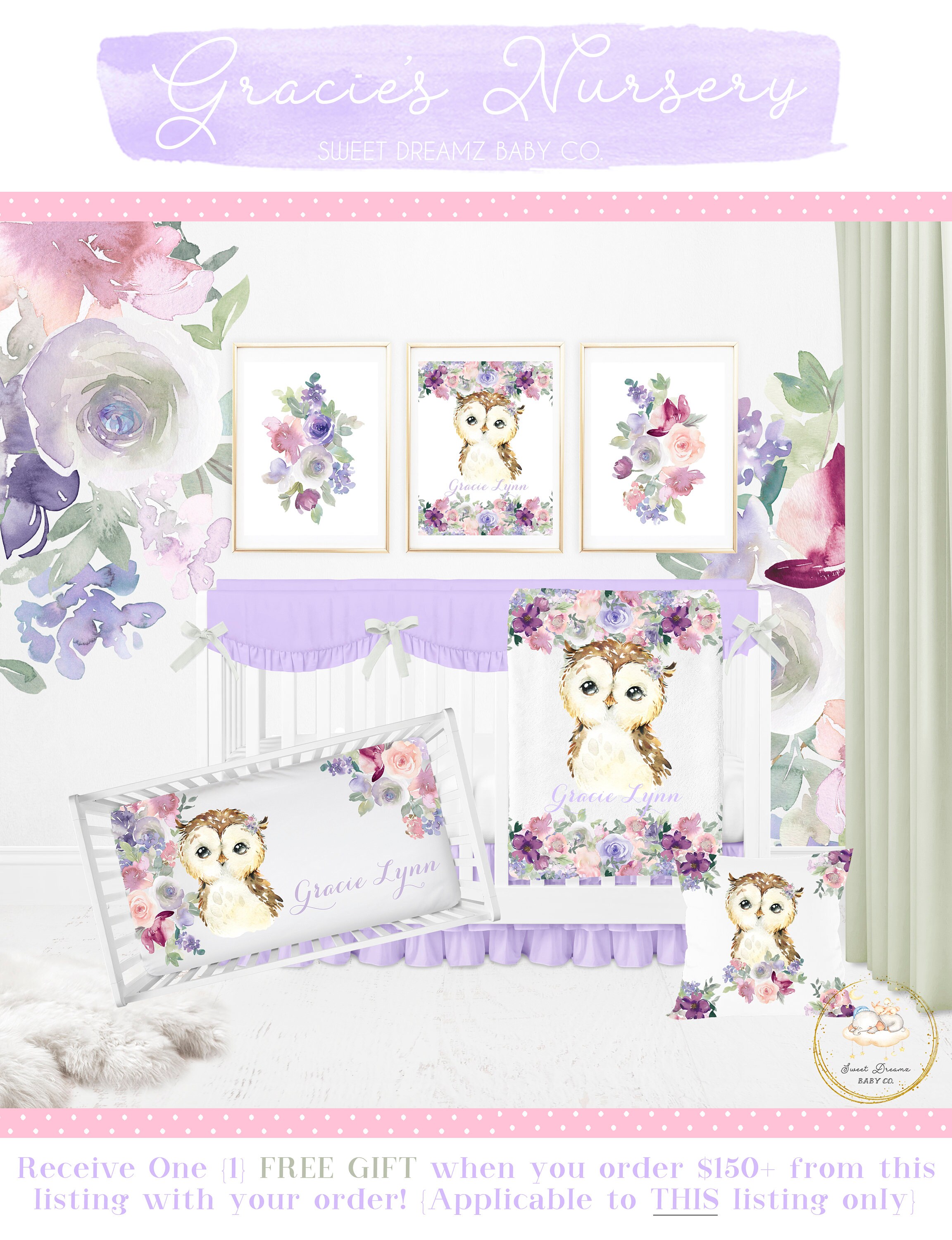 Owl Crib Bedding Set, Floral Crib Bedding Girl, Custom Baby Blanket, Purple Nursery Bedding Set, Owl