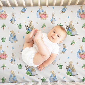 Peter Rabbit Crib Sheet, Peter Rabbit Baby Shower Gift Boy, Rabbit Nursery, Custom Crib Bedding, Personalized Crib Sheet Boy, Bunny Bedding