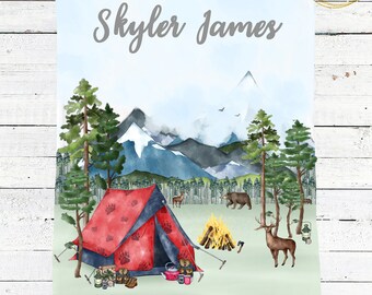 Camping Baby Blanket, Mountain Baby Blanket, Personalized Baby Blanket, Adventure Baby Blanket, Camping Baby Bedding, Custom Baby Blanket