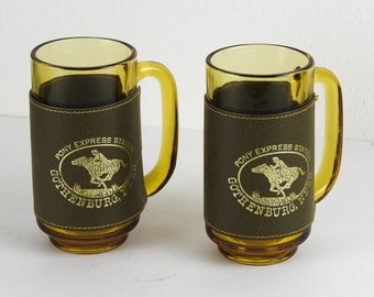 Vintage Amber Glass Beer Mugs / Retro Nebraska Souvenir Beer Mugs