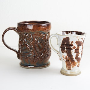Vintage Brown and White Ceramic Mug Set / Pair of Vintage Handmade Coffee Mugs