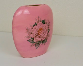 Vintage Pink Vase / Ceramic Pink Vase with Rose / 80s Vase