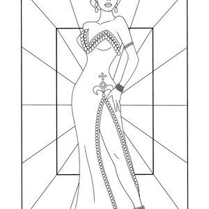 May include: A black and white line drawing of a woman wearing a long, beaded gown with a high slit. She is standing in a geometric frame with a confident pose.