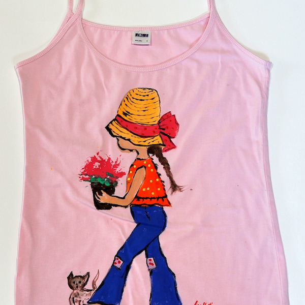 Hand painted pink top, Sarah Kay art design, handpainted women’s sleeveless blouse, gift for her, handmade girl top, teenager top