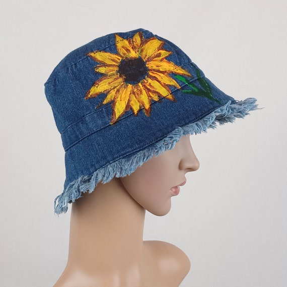 Hand Painted Lady Hat, Jean Round Sun Hat, Jean Summer Beach  display picture 2