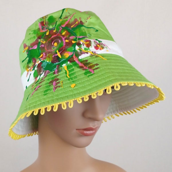 Hand painted lady hat, green round sun hat, summer beach cap, girl hat, gift for her, handmade women sun hat, colorful splash art design