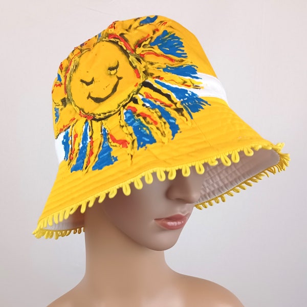 Hand painted lady hat, yellow round sun hat, summer beach cap, girl hat, gift for her, handmade women sun hat, colorful sun art design