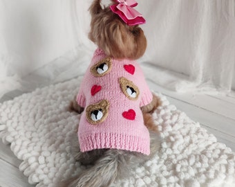 Valentines Day dog sweater with bear and heart Small dog clothes for Chihuahua Yorkie Shih Tzu Toy Poodle Teacup cat Gift for dog lover