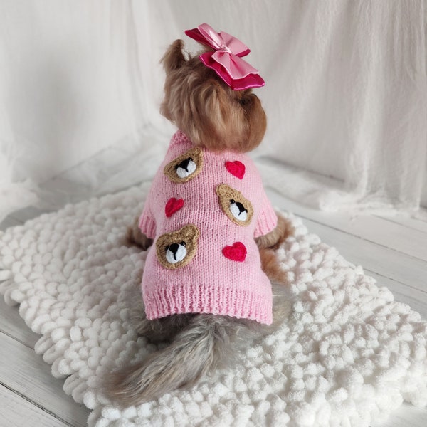 Valentines Day dog sweater with bear and heart Small dog clothes for Chihuahua Yorkie Shih Tzu Toy Poodle Teacup cat Gift for dog lover