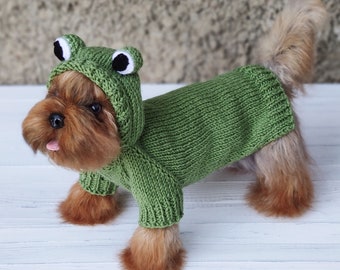 Déguisement de chien d'Halloween pour petit chien Sweat à capuche grenouille pour chien Pull fait main olive militaire Yorkie Toy Terrier Chihuahua