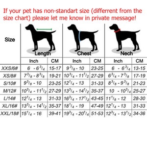 May include: Size chart for dog harnesses, showing measurements in inches and centimeters for neck, chest, and length. Sizes range from XXS to XXL.